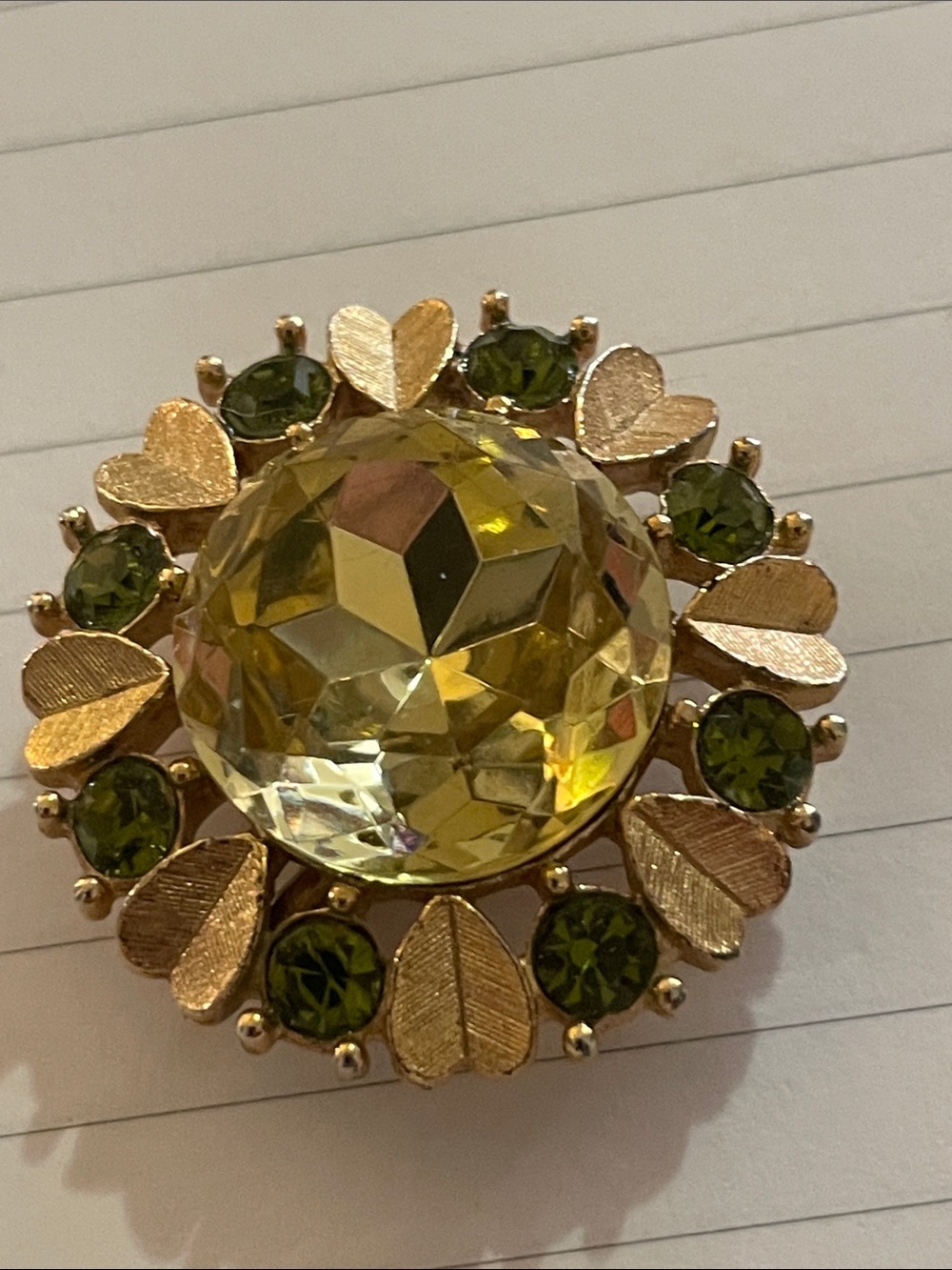 1960's Avon Yellow Sun Brilliant Pendant Brooch Clip Earrings Small Green Stones